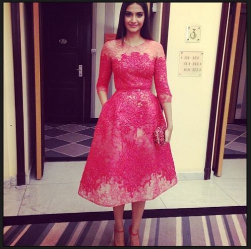 Sonam Kapoor in an Elie Saab dress for the opening night dinner. Source: Bollywood's Biggest Fan Club - BBFC