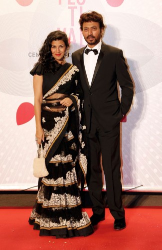 Irrfan Khan and Nimrit Kaur, seen in a black Sabyasachi lehenga sari at the Bombay Talkies Gala Source: Indian Express