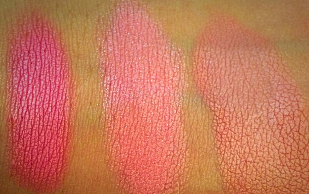 Swatches of blushes side by side (from left to right): Luminous Flush, Incandescent Electra, and Mood Exposure.