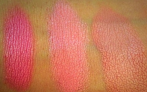 Swatches of blushes side by side (from left to right): Luminous Flush, Incandescent Electra, and Mood Exposure. 