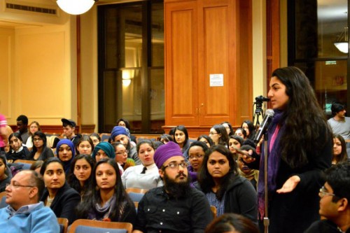 [Student Kamya Arora during the question and answer session after the discussion. [Photo by Sania Khalid]