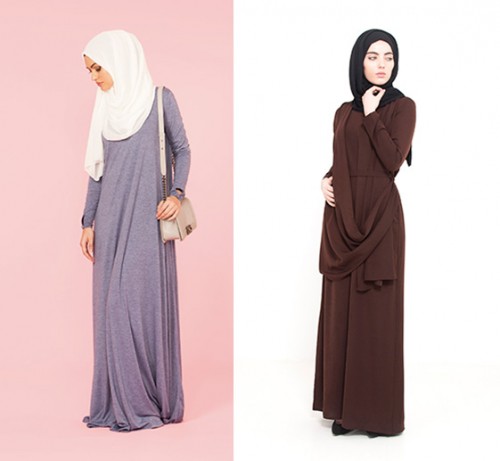 LEFT: Light Denim High Neck Cotton Abaya RIGHT: Deep Brown Drape Abaya 