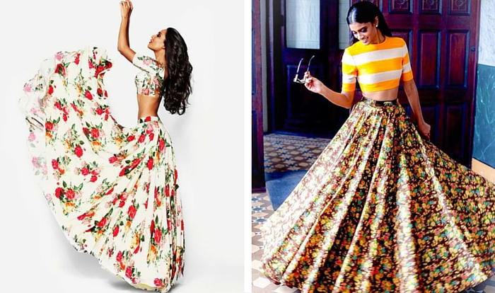 [(left) Sunaina Puri's floral lehenga with floral bodice from her winter 2014-2015 Armaan Collection | Photo Source: Pinterest, (right) Sabyasachi Mukherjee's floral lehenga with striped bodice | Photo Source: Pinterest]