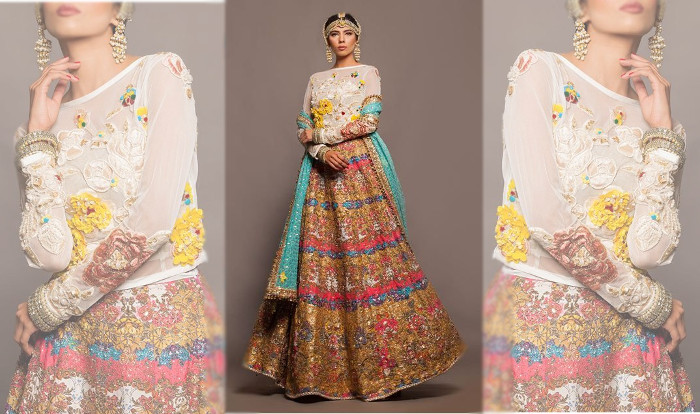 [Fahad Hussayn's intricate Bridal lehenga from the 2015 Nautanki Rani Collection |Photo Source: (background) Pinterest, (Center) Pinterest]
