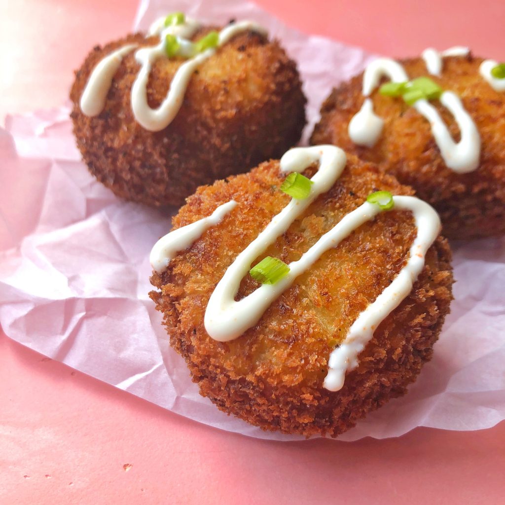 Loaded Mashed Potato Balls with Chili Honey Sour Cream