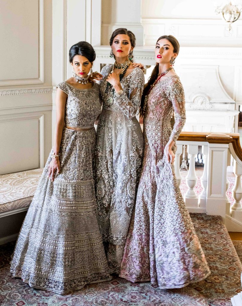 Three bridal models model clothing for NJ bridal store Nazranaa