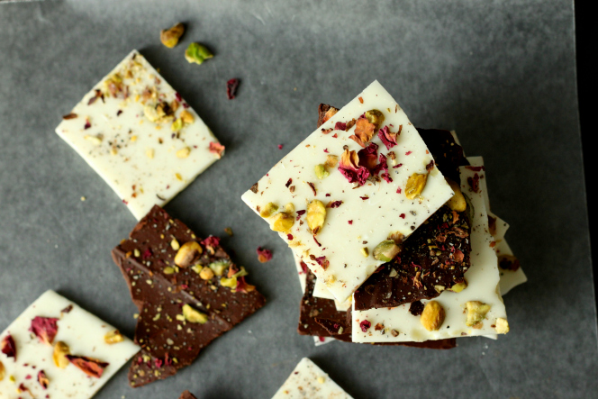 Dark Chocolate Bark with Nuts & Rose Petals