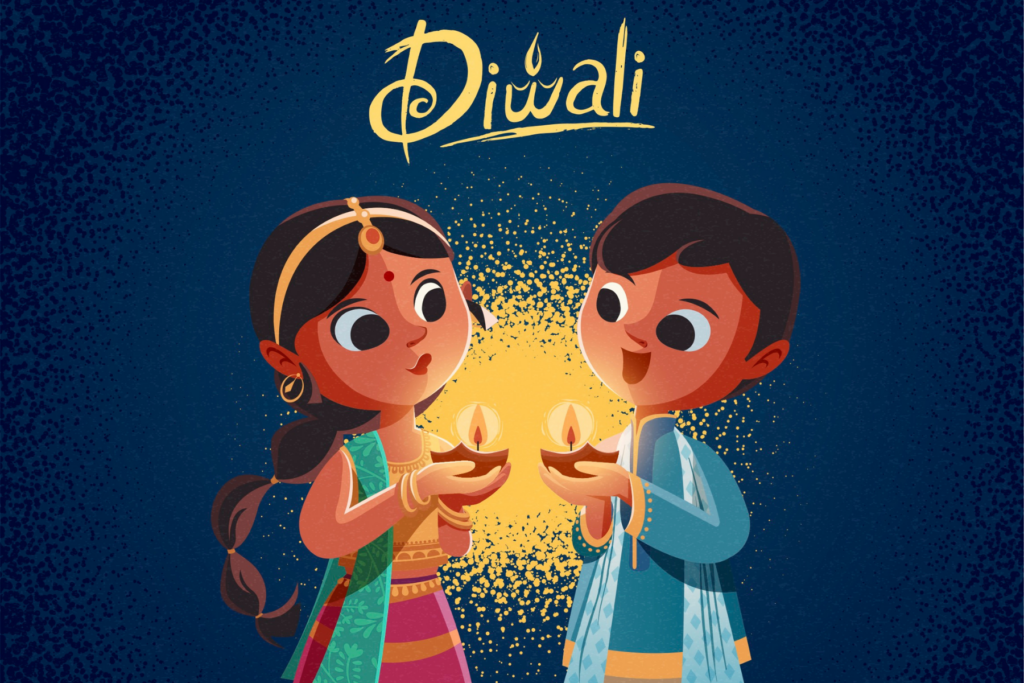 two children holding diwali diya