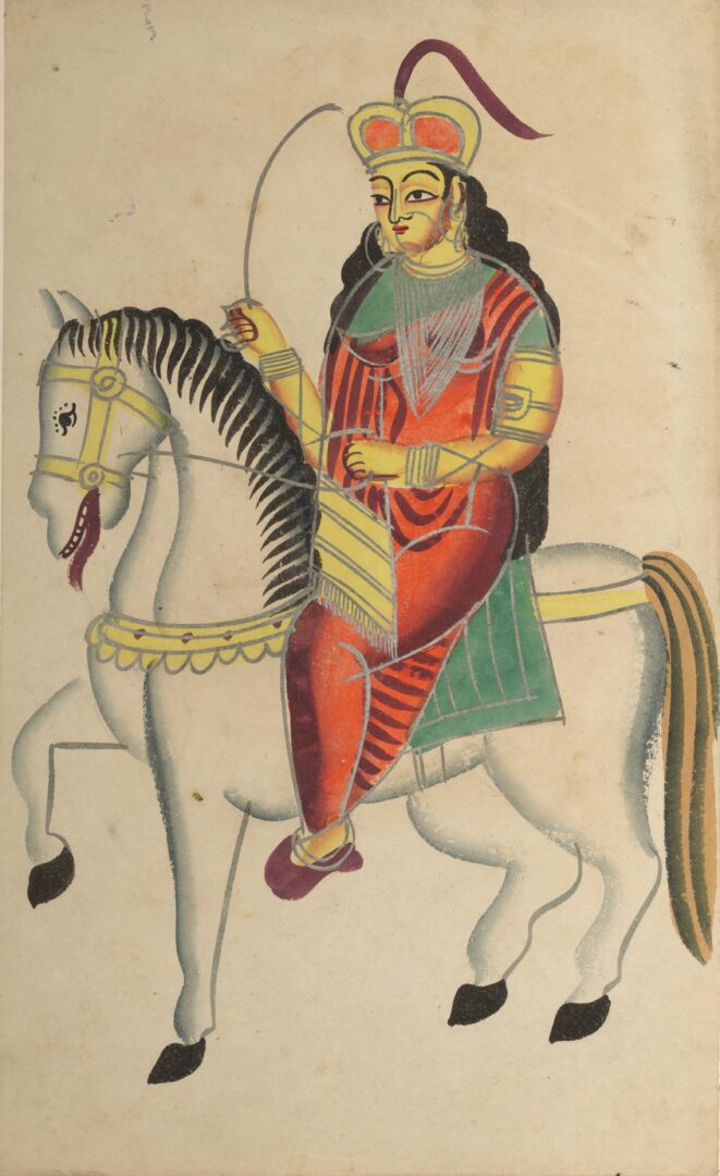 A painting depicting the Rani of Jhansi on horseback